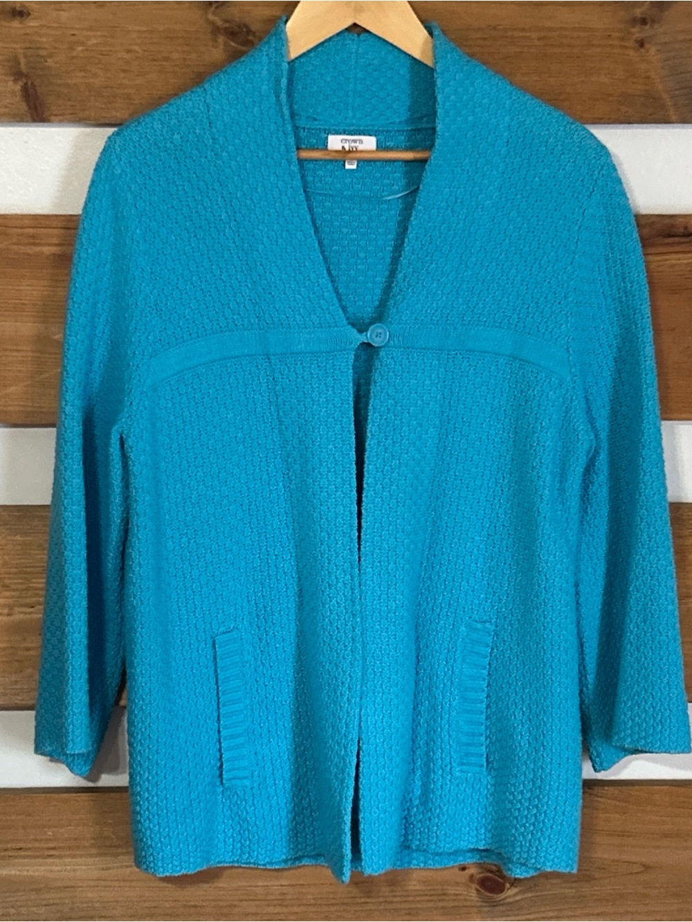 Crown & Ivy Cardigan Sweater Medium Blue Turquoise One Button Pockets Size L